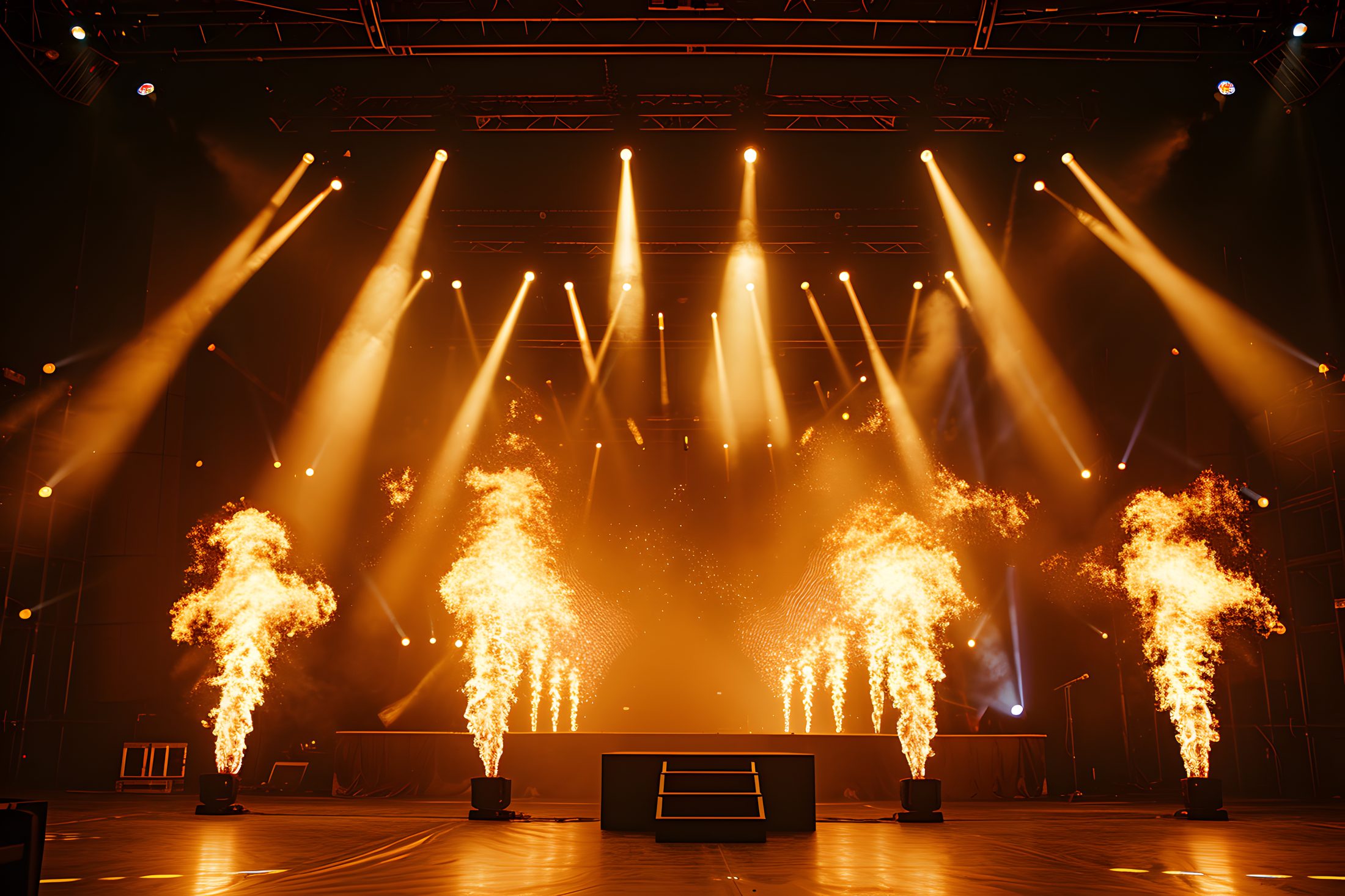 Corporate event stage with professional pyrotechnics
