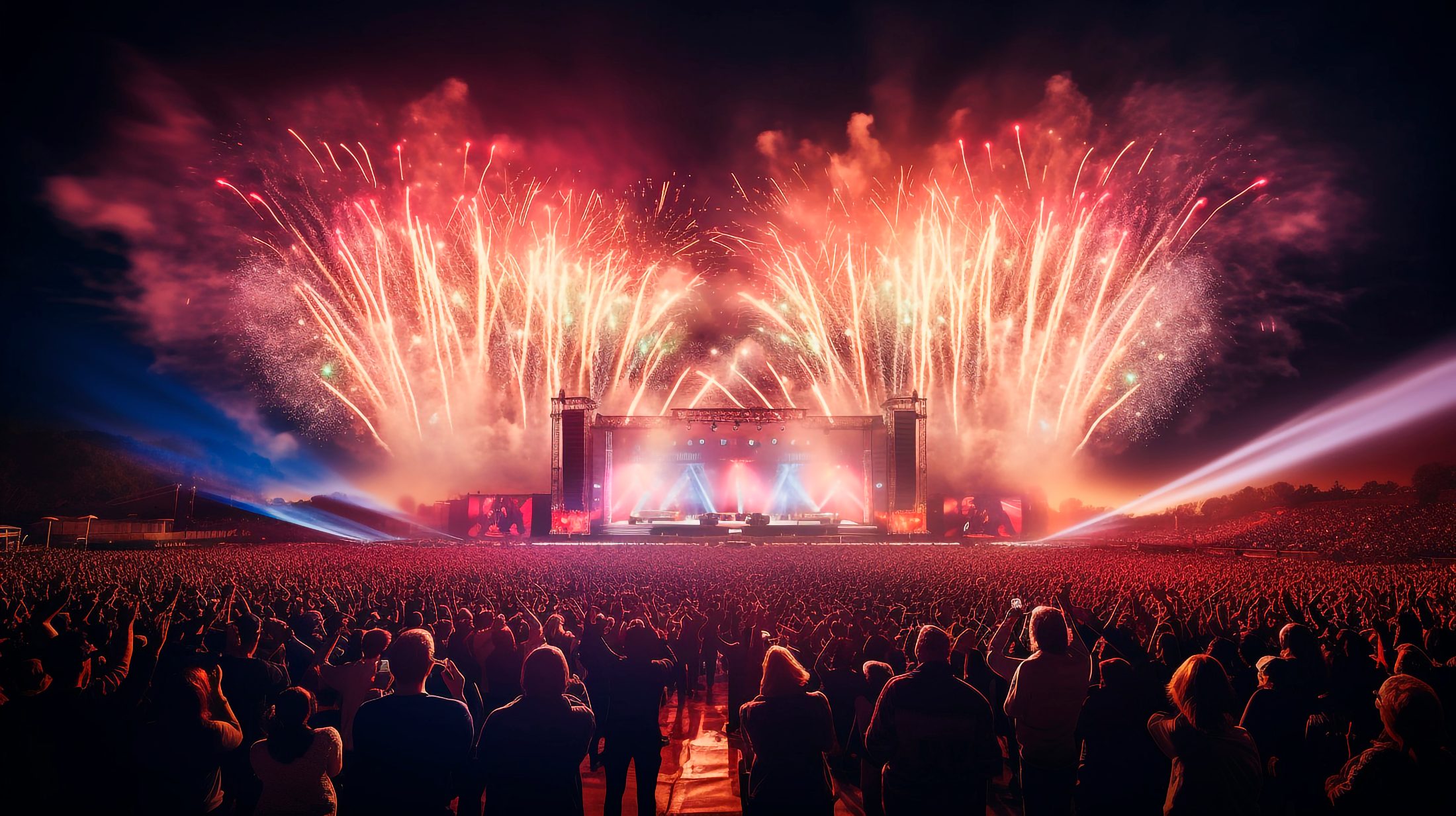 Large corporate event with stage pyrotechnics and fireworks